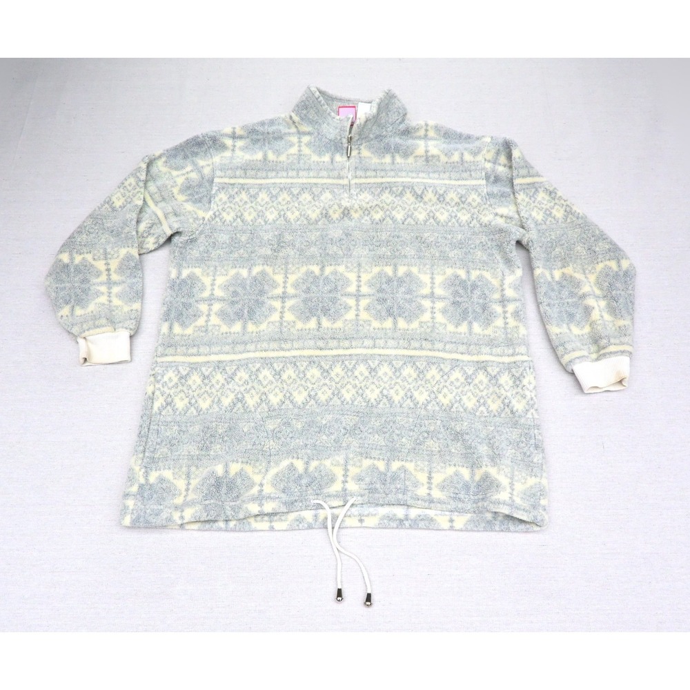 Liz Claiborne Vintage 90s Womens M Fleece Half Zip Pullover Fair Isle Grey Cream